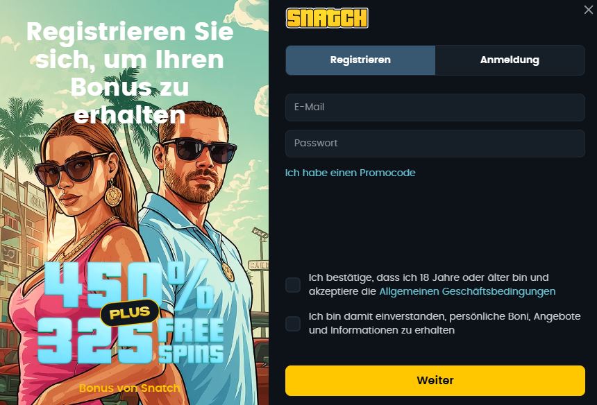 Registrieren und 450% Bonus plus 325 Freispiele gewinnen